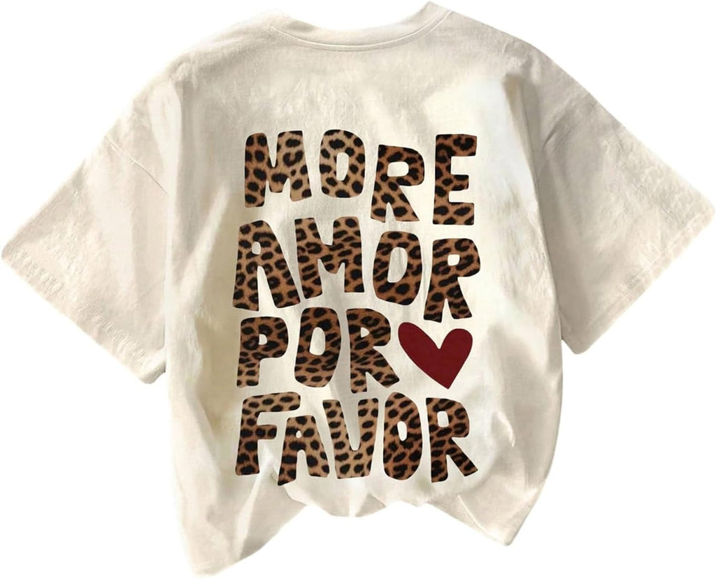 Women's Leopard Letter Graphic Tees Cute Heart Cheetah Shirt Vintage Aesthetic Summer Y2k Tops