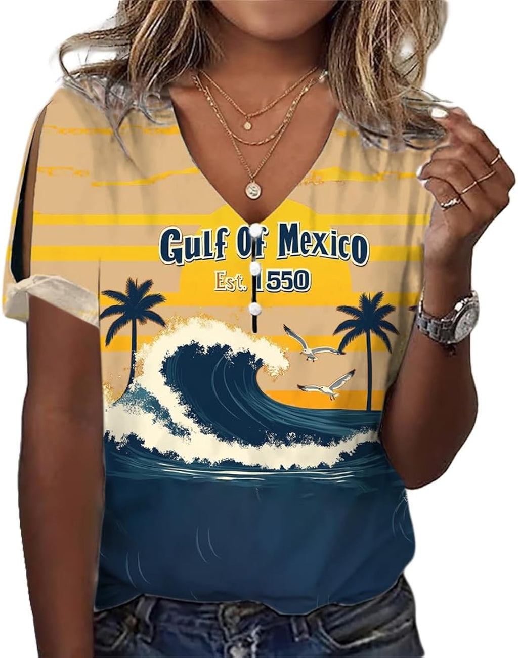 Mexico Shirts for Women Short Sleeve V Neck Gulf of Mexico T Shirts Vinatge Graphic Mexico Tops