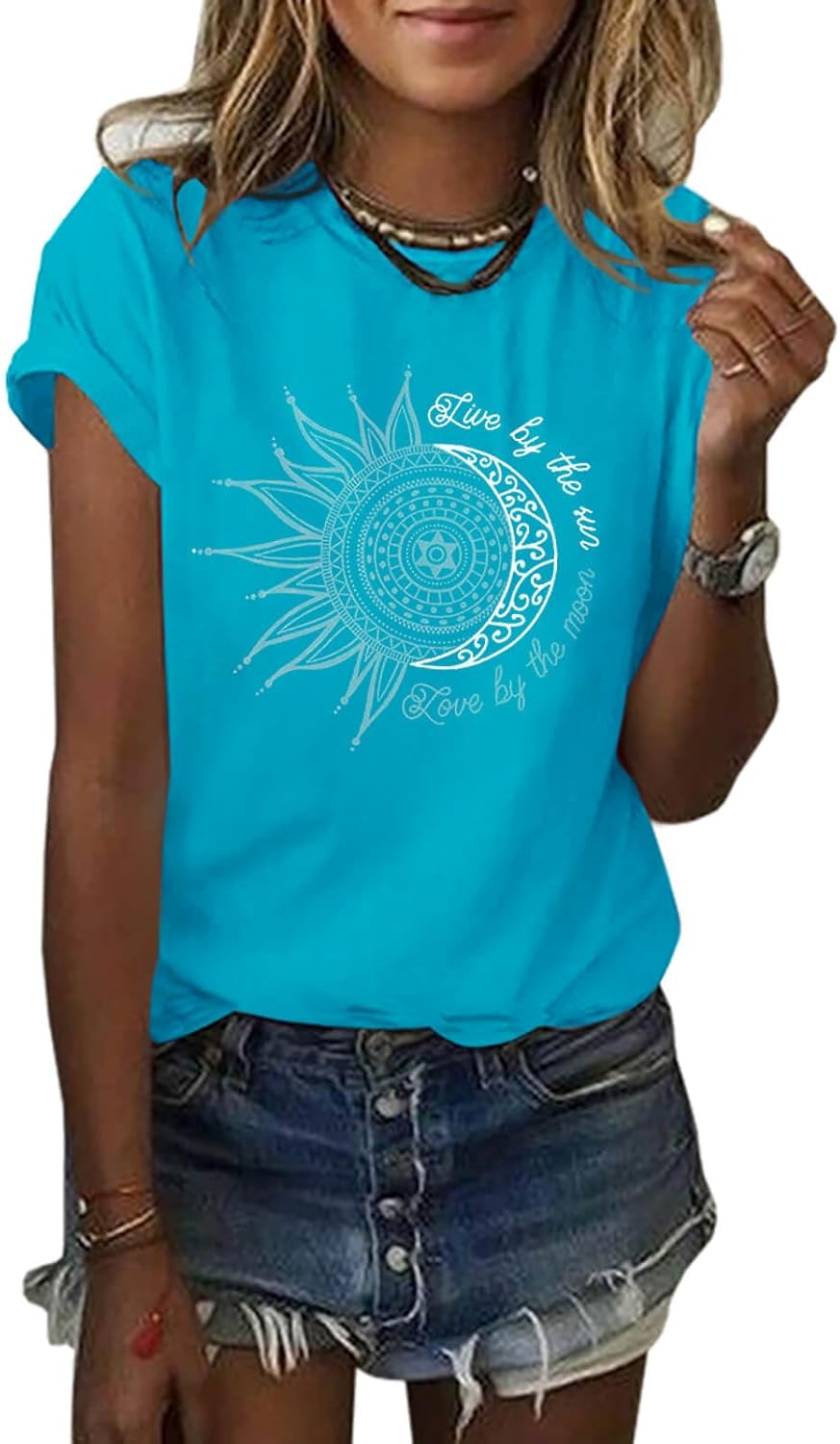 Womens Graphic Tees Summer Vintage Short Sleeve Cotton Moon and Sun Printed T Shirts Tops