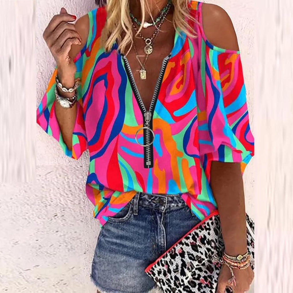Women's Round Neck with Zipper Cold Shoulder T-Shirt Allover Colorful Print Casual Elegant Office Tee Tops Blouse