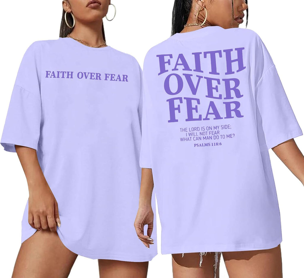 Faith Over Fear Shirt Women Graphic Shirts Oversized Workout Gym Christian Religious Tees Drop Shoulder Tee Tops