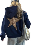 Star Graphic Hoodies Oversized Y2k Leopard Print Hooded Sweatshirt Cheetah Hoodie Streetwear Unisex Pullover Tops