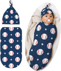 Cute Baseball Print Baby Stuff Swaddle Blanket Hat Set for Boys Girls, Soft Newborn Swaddle Wrap Blanket Shower Gift