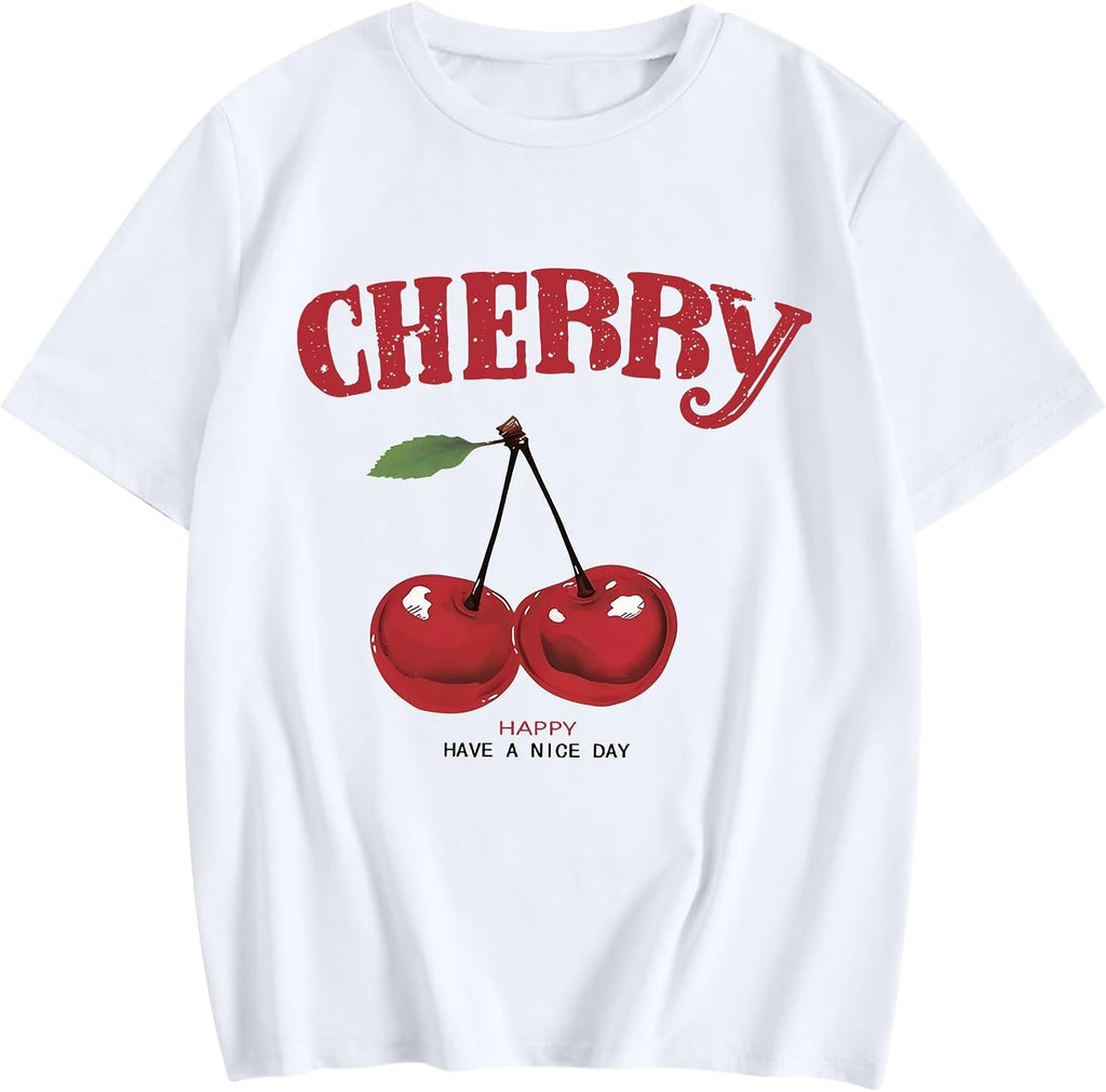 Cherry Shirt Women Fruit Graphic Printed Tshirt Vintage Tees Aesthetic Cute Preppy Cherries Shirts Casual Tops