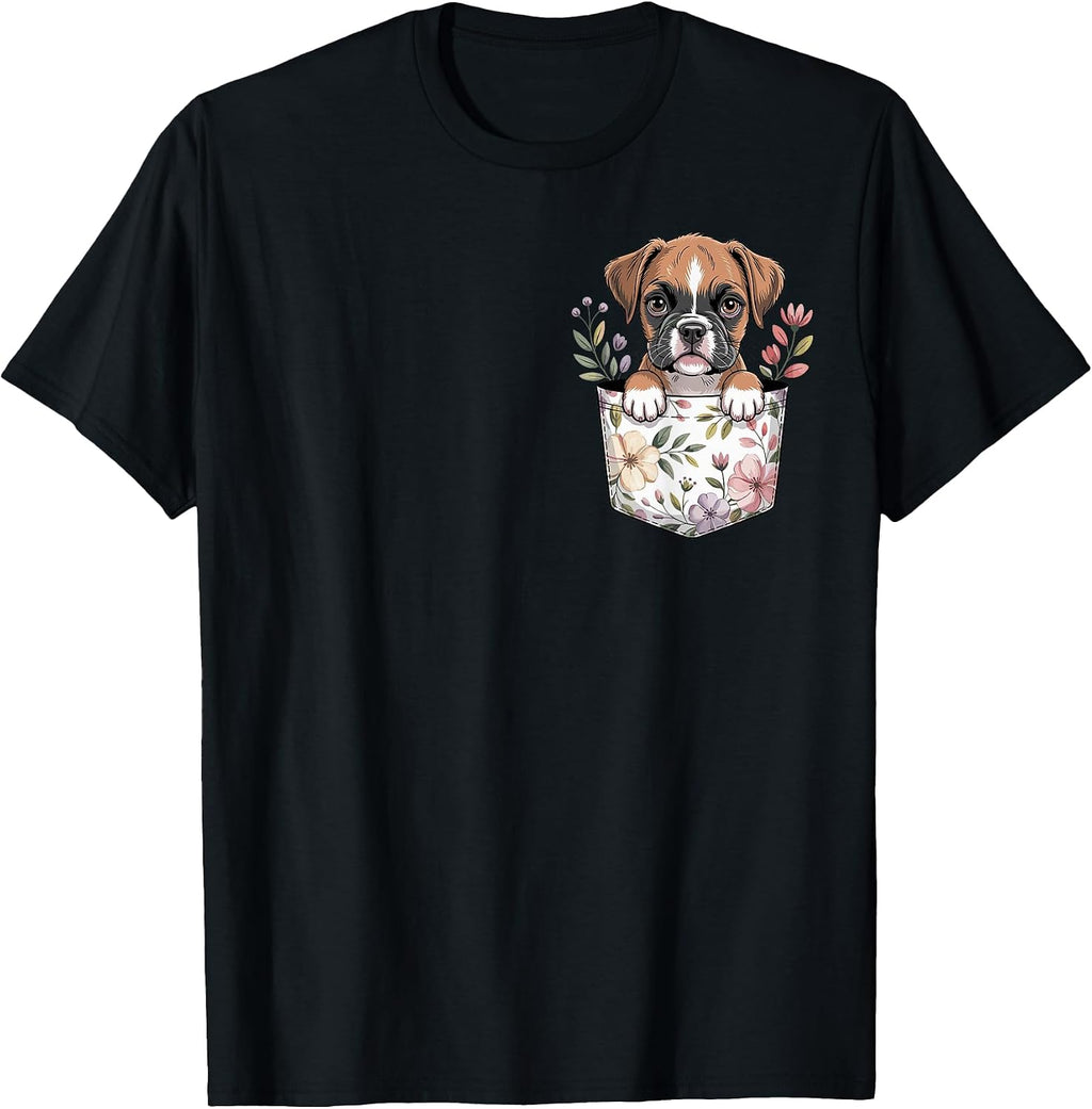 Cute Boxer Floral Pocket Puppy Dog Lover Mom Women Vintage T-Shirt