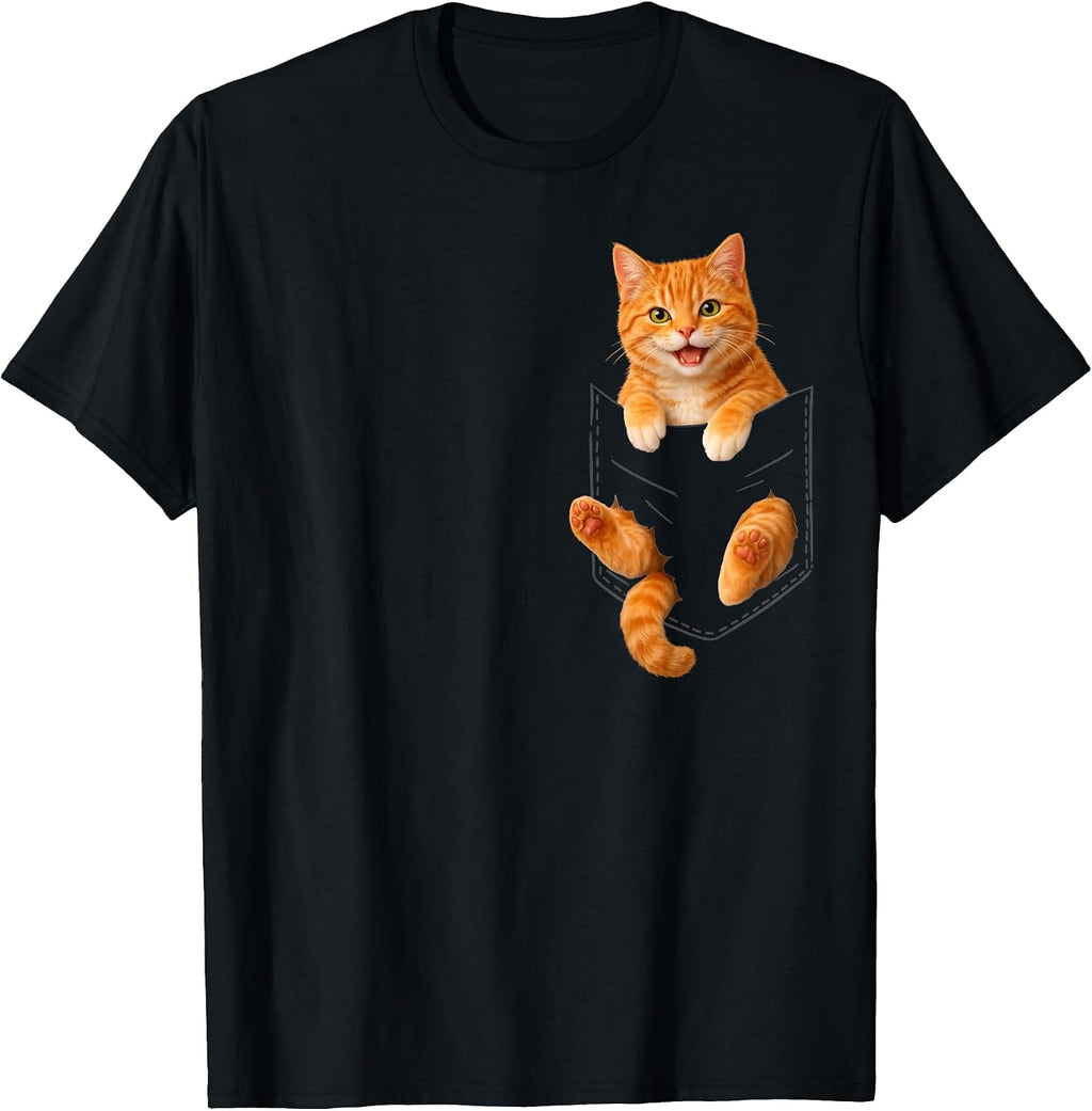 Cute Orange Tabby Cat Funny Pocket Cat Dad Mom Animal Lover T-Shirt