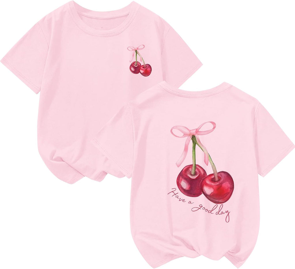 Girls Cute Graphic Tees Kids Bow Cherry Shirt Aesthetic Short Sleeve T Shirts Casual Summer Crew Neck Top Clothes