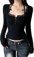 Women Square Neck Long Sleeve Grunge Shirt Tops Lace Trim Y2K Gothic Aesthetic Fairy T Shirts Vintage Tee Fall Clothes