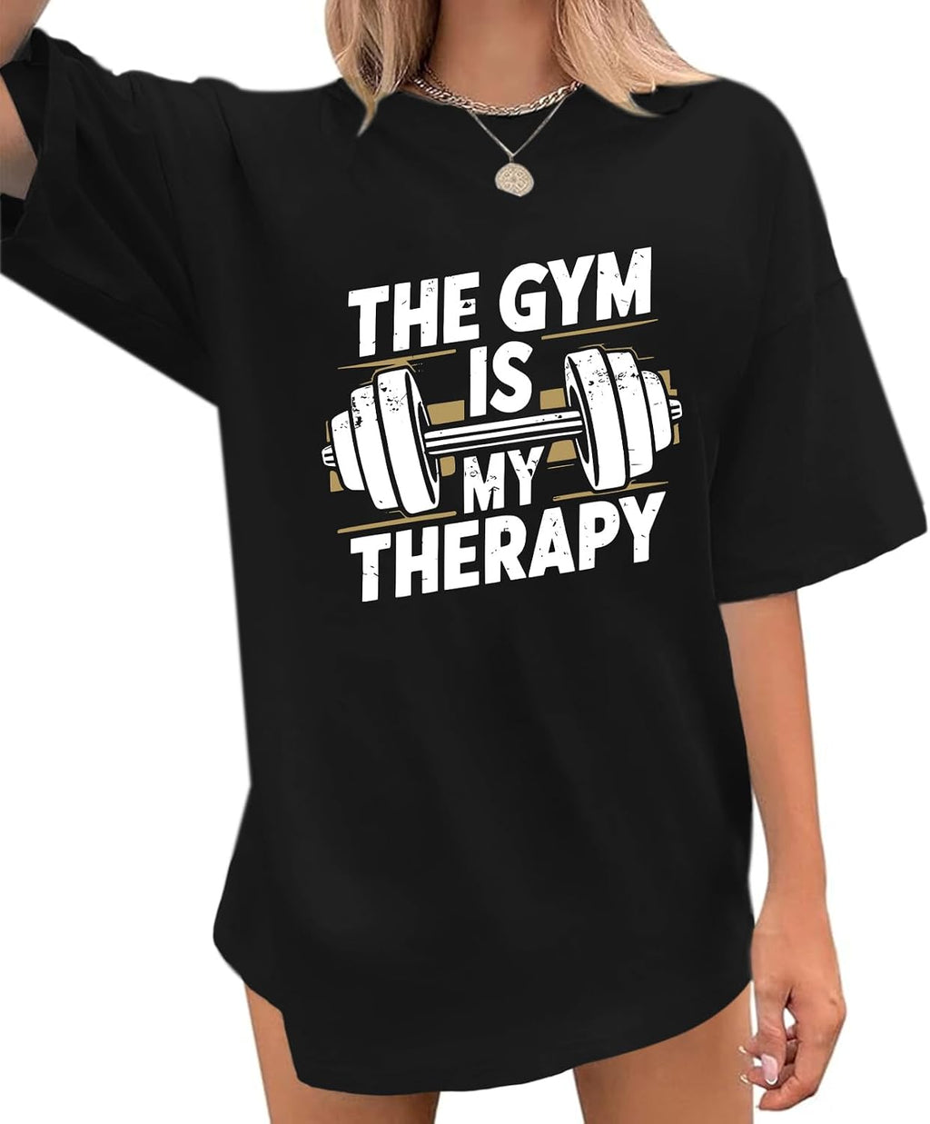 Funny Gym Shirts for Women Workout Weight Lifting Tshirts Weightlifting Graphic Oversized Gym is My Therapy Tee Tops
