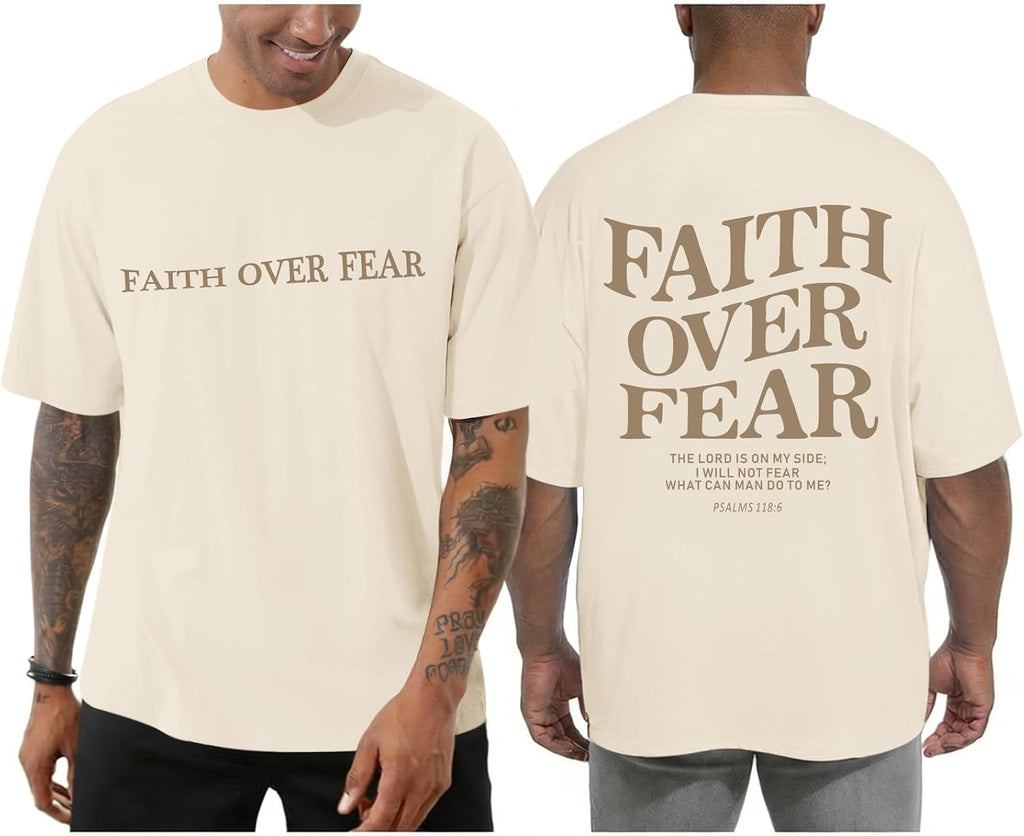 Faith Over Fear Shirt Christian Jesus God Shirts for Men Oversized Religious Motivational Tshirts Bible Graphic Tees