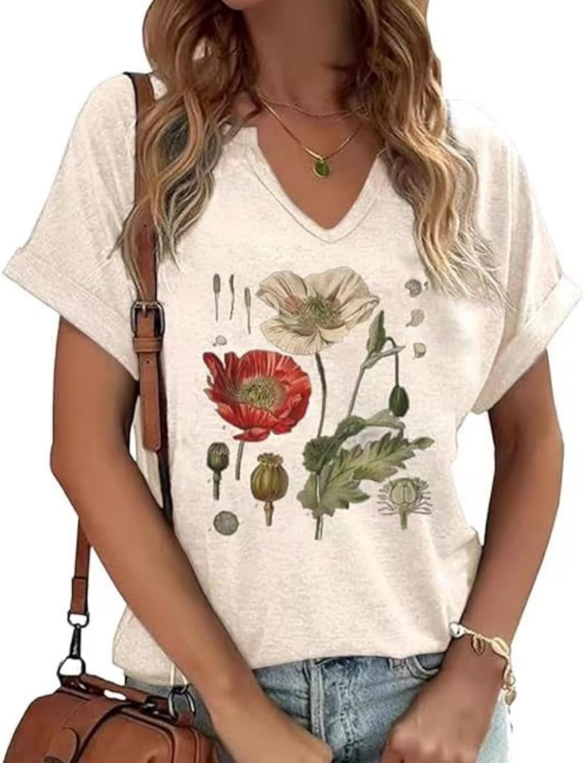 Womens Vintage Flowers V Neck Shirt Boho Floral Wildflowers Graphic Tee Casual Cottagecore Short Sleeve T Shirt