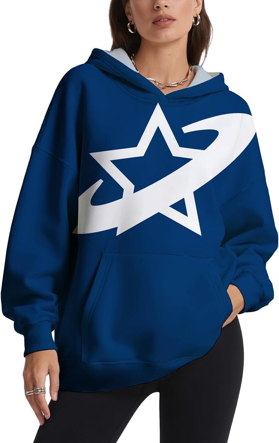 Womens Oversized Star Print Hoodie Long Sleeve Pullover Sweatshirt Casual Fall Winter Top With Front Pocket