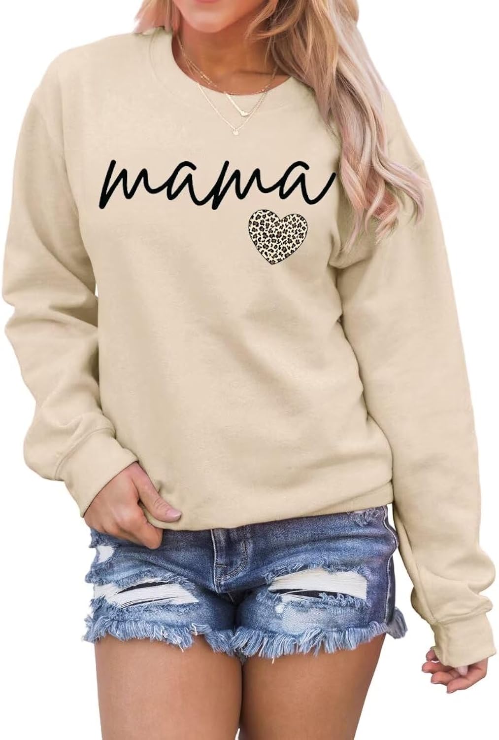 Women Long Sleeve Mama Sweatshirts Round Neck Pullover Loose Lightweight Blouse Tops