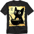 Anime Black Cat Meal T Shirt – Funny Cute Cat Japanese Food Tee for Men or Women, Unisex Adult