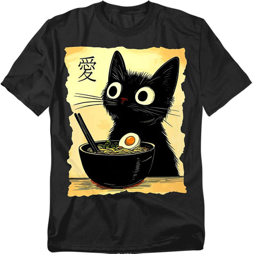 Anime Black Cat Meal T Shirt – Funny Cute Cat Japanese Food Tee for Men or Women, Unisex Adult