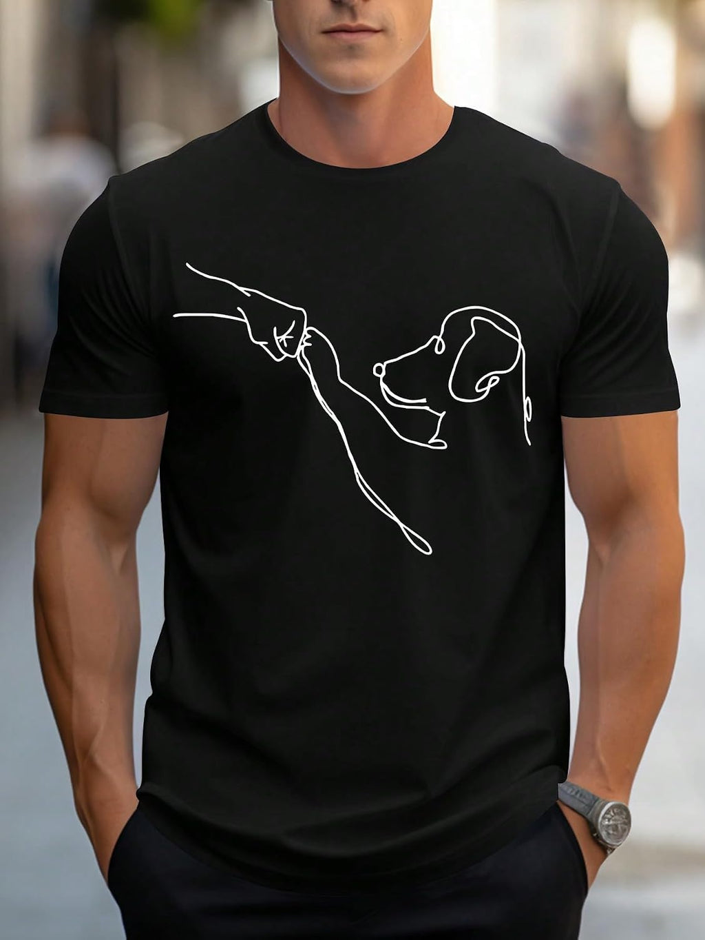 Men's Black Short Sleeve T-Shirt, Funny Dog Walking Line Art Graphic Tee, Casual Crew Neck Top for Pet Lovers