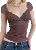 Women Y2k Lace Trim Crop Tops Fairy Grunge Short Sleeve Shirt Slim Fit Aesthetic Tshirt Tee Summer Vintage Streetwear