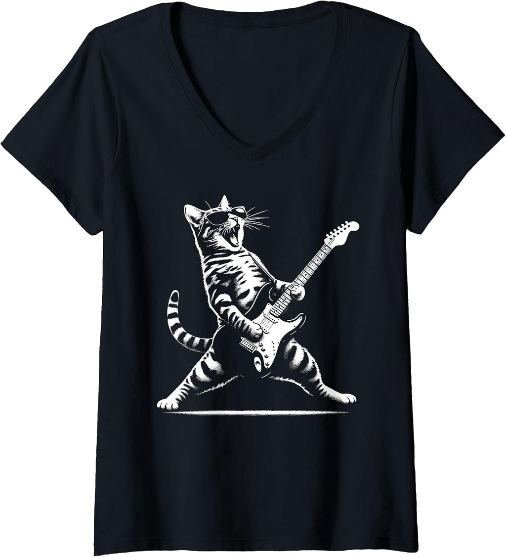 Womens Guitar Cat Novelty Rock Music Band Concert Funny Cat V-Neck T-Shirt
