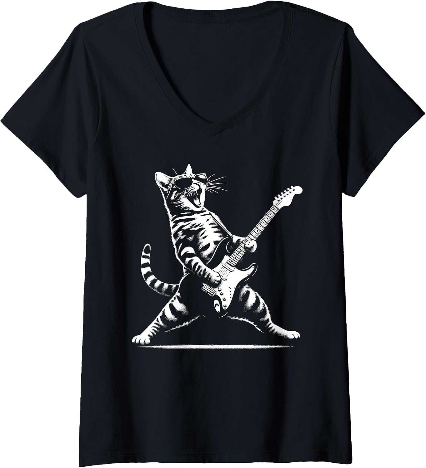 Womens Guitar Cat Novelty Rock Music Band Concert Funny Cat V-Neck T-Shirt