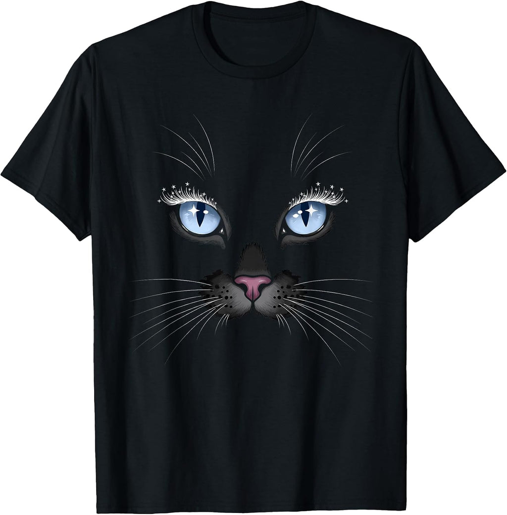 Black Cat Face Blue Eyes Sparkle Lashes Glamorous Cats Lover T-Shirt