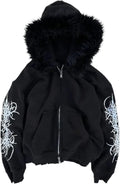 Grunge Fur Hood Zip Up Hoodie Women Men Y2k Goth Hoodie Emo Jackets Fall Winter Streetwear Sweatshirt 2000s