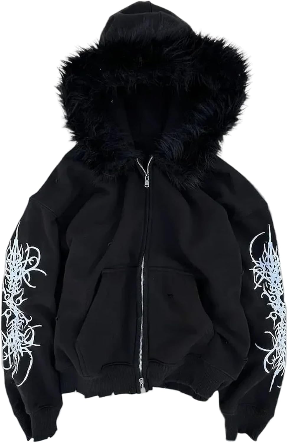 Grunge Fur Hood Zip Up Hoodie Women Men Y2k Goth Hoodie Emo Jackets Fall Winter Streetwear Sweatshirt 2000s