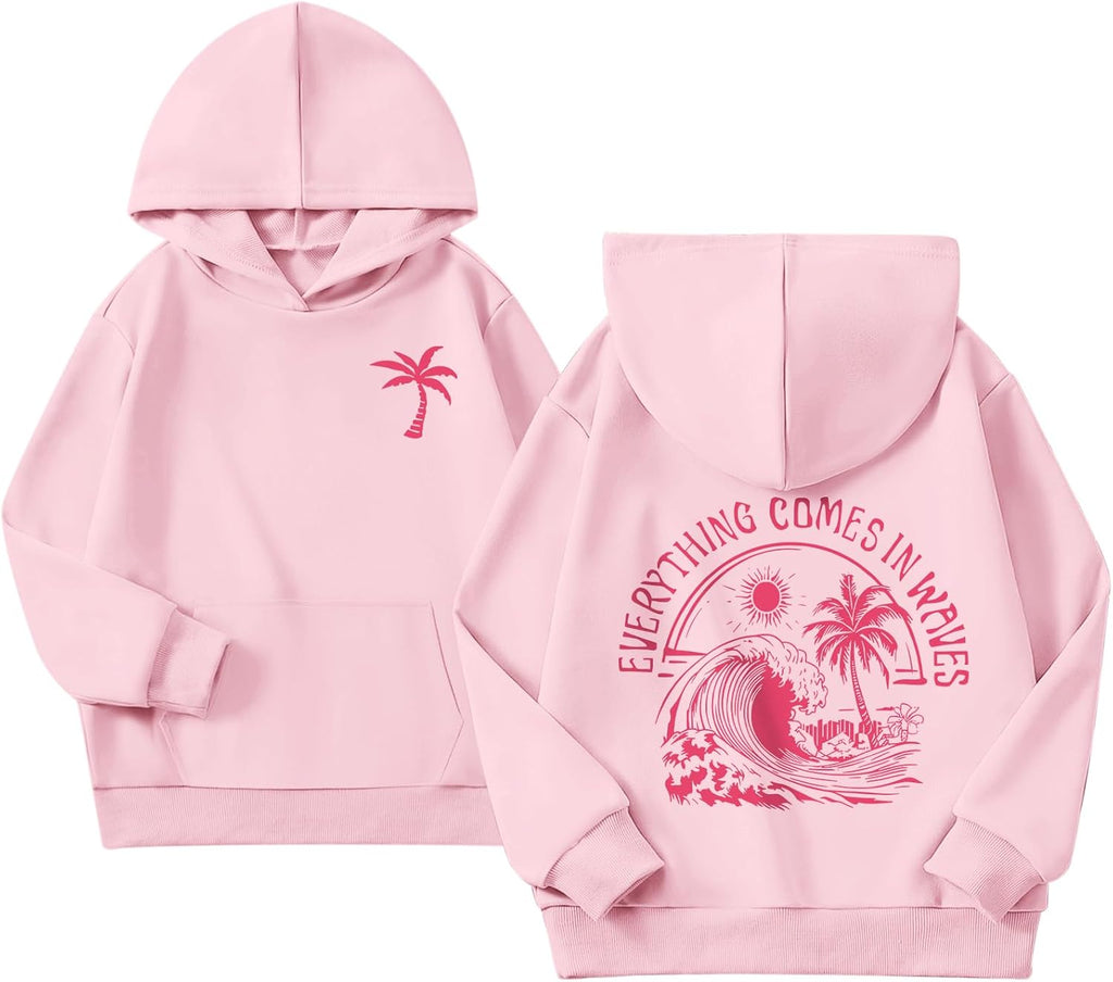Girls Palm Graphic Hoodie Beach Cute Hoodies With Pocket Kids Preppy Sweatshirt Ocean Pullover Long Sleeve Top