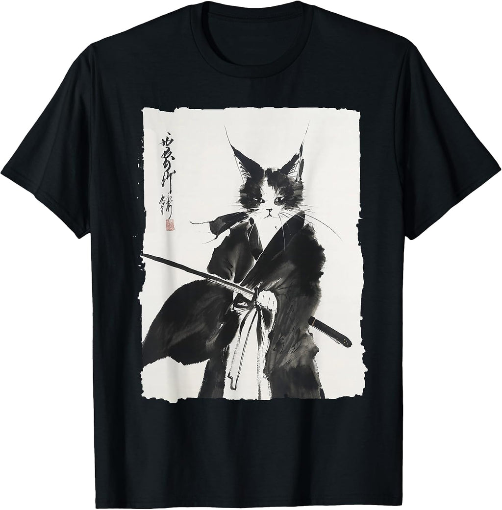 Samurai Cat Warrior Ink - Japanese Art Feline Katana T-Shirt