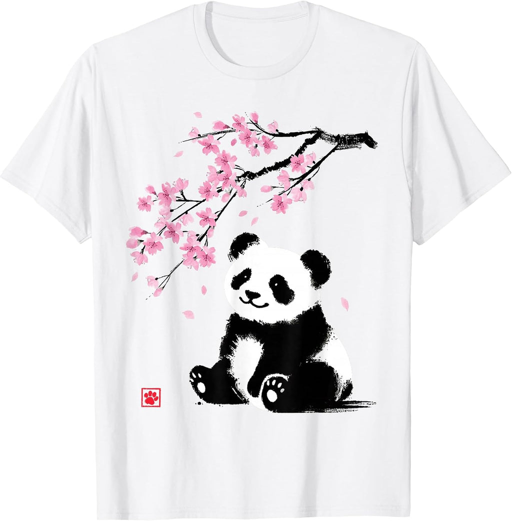 Japanese Panda Sakura Cherry Blossoms Sumi-e Aesthetic T-Shirt