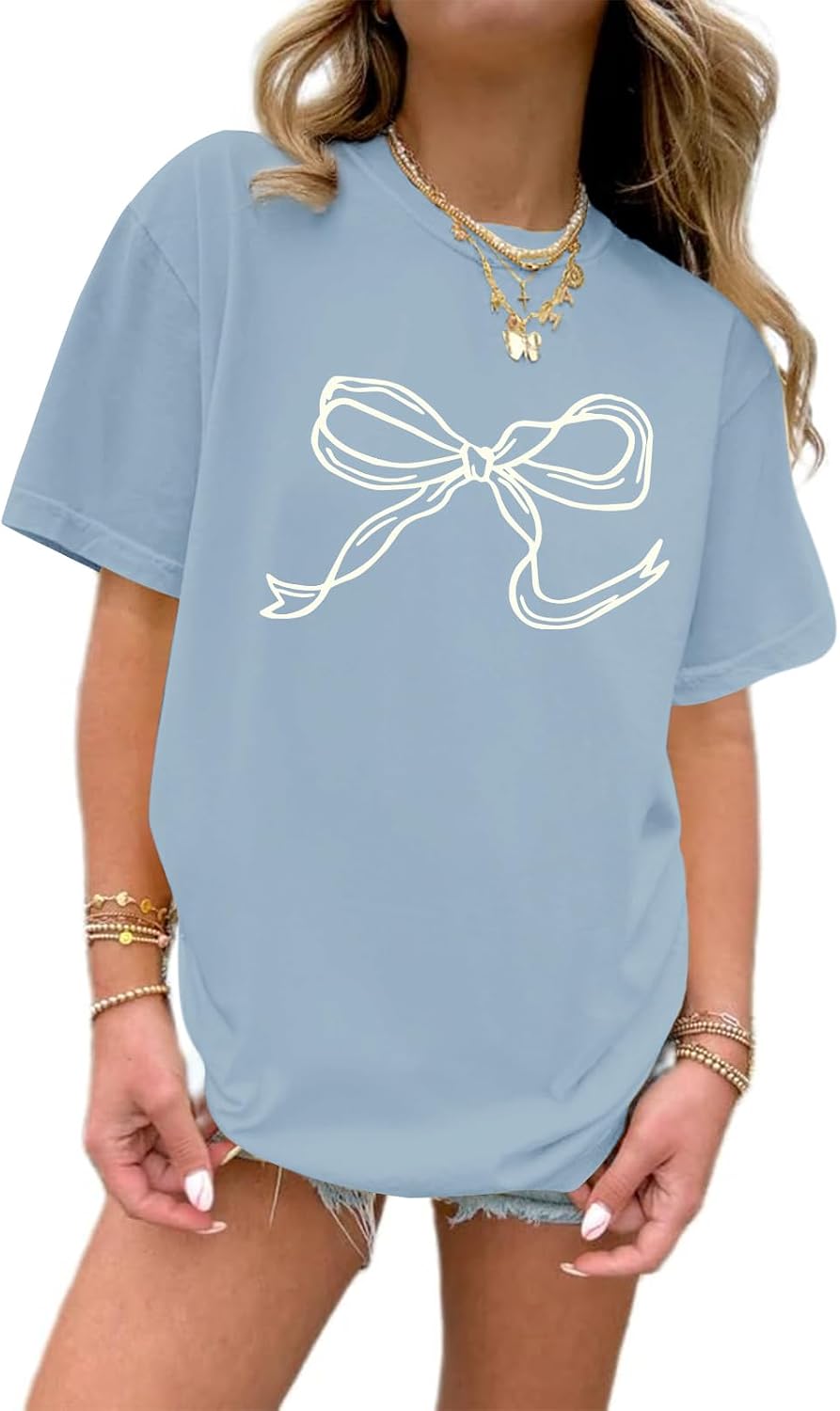 Bow Oversized Shirts for Girls Graphic Cute Shirt for Teen Preppy Aesthetic Tshirt Girls' Summer Casual Coquette Top