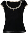 Womens E-Girls Short Sleeve T-Shirt Y2k Lace Trim Crop Tops Crewneck Fairy Grunge Tee Tops Aesthetic Summer Clothes