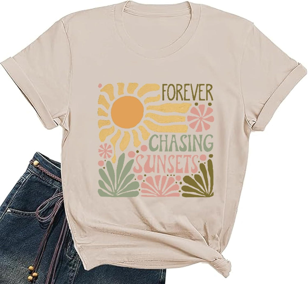 Vintage Letter Print Shirts for Women Forever Chasing Sunsets Shirt Summer Beach Vacation T-Shirt Flower Casual Tops