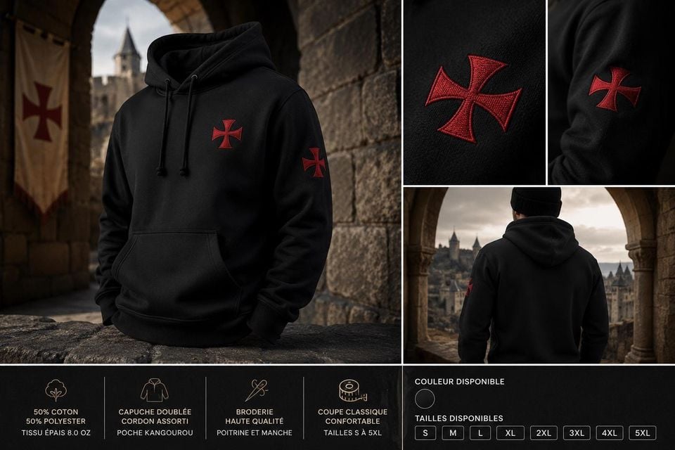 Templar Cross Embroidered Hoodie, Medieval Knight Sweatshirt, Carcassonne Inspired Hoodie, Crusader Gift, Gothic Historical Apparel