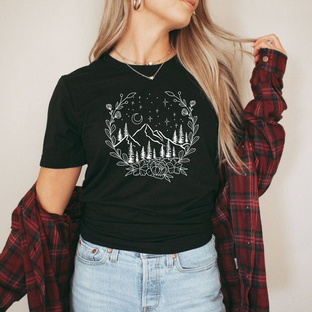 Floral Mountain Scene Graphic Tee 011