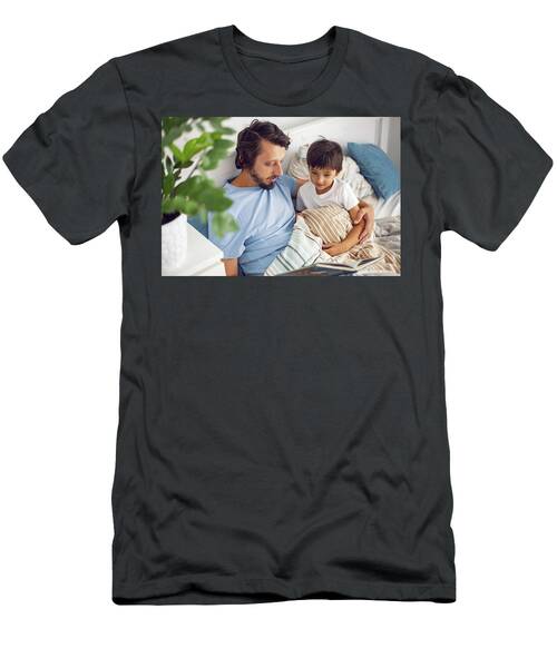 Dad Reads A Book Lying In White Bed To His Son Child Before Going To Bed #7 T-Shirt
