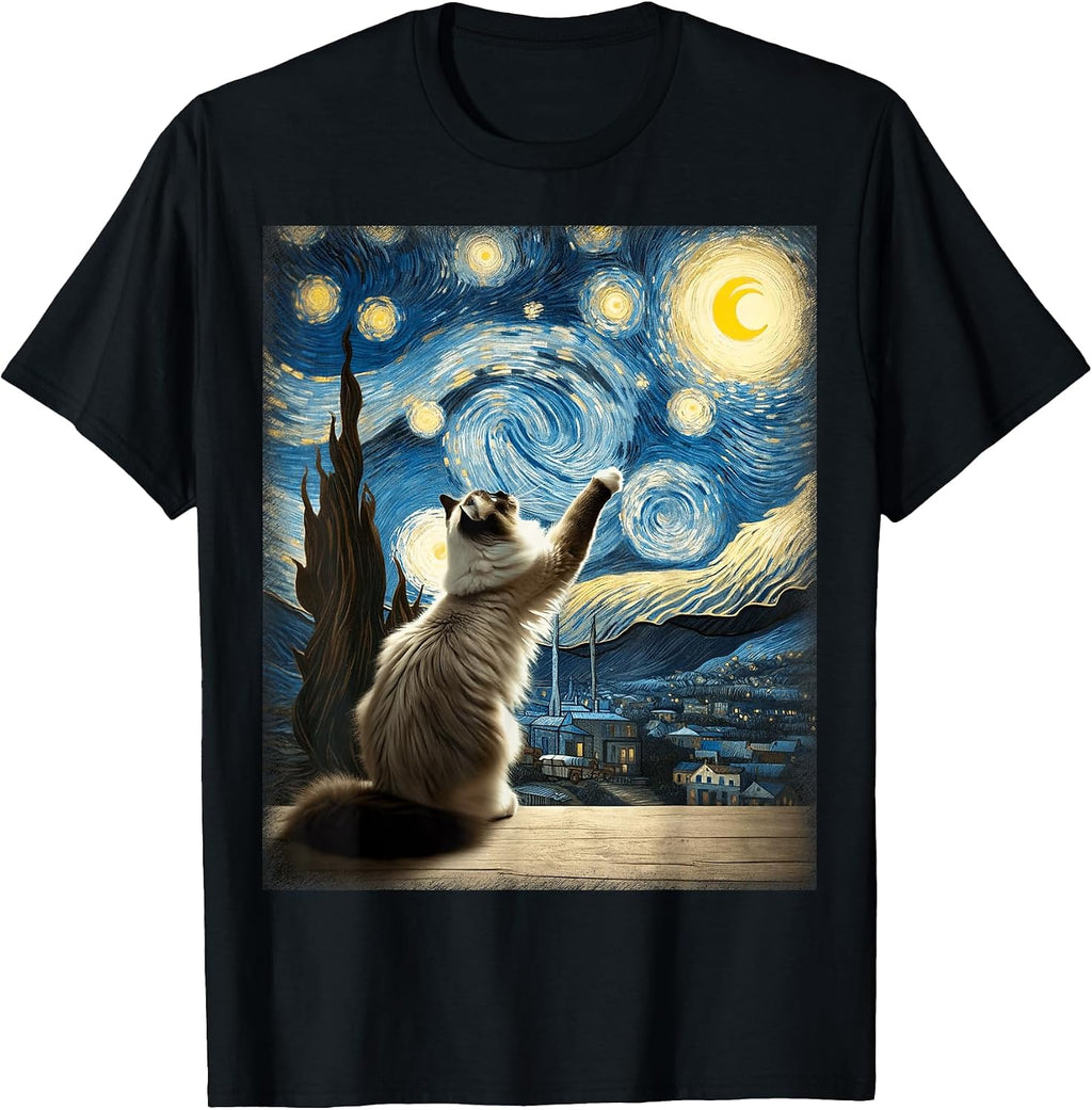 Van Gogh Starry Night Moon Artistic Pet Lover Ragdoll Cat T-Shirt