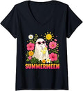 Women's Funny Summerween Cute Spooky Ghost Halloween Beach Summer V-Neck T-Shirt
