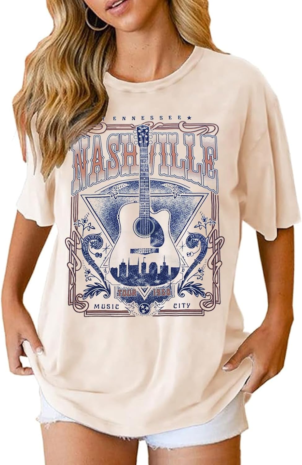 Nashville Music City T-Shirt Women Country Music Concert Shirts Rock Band Tshirt Vintage Guitar Wings Graphic Tees