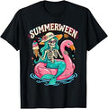 Summerween Skeleton Mermaid Flamingo Float Summer Halloween T-Shirt