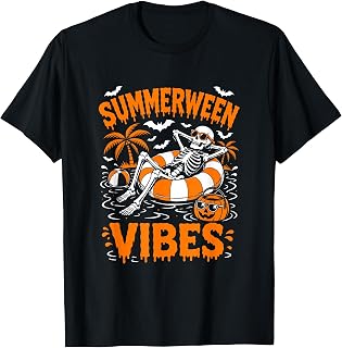 Summerween Vibes Skeleton Floating Pool Pumpkin Halloween T-Shirt