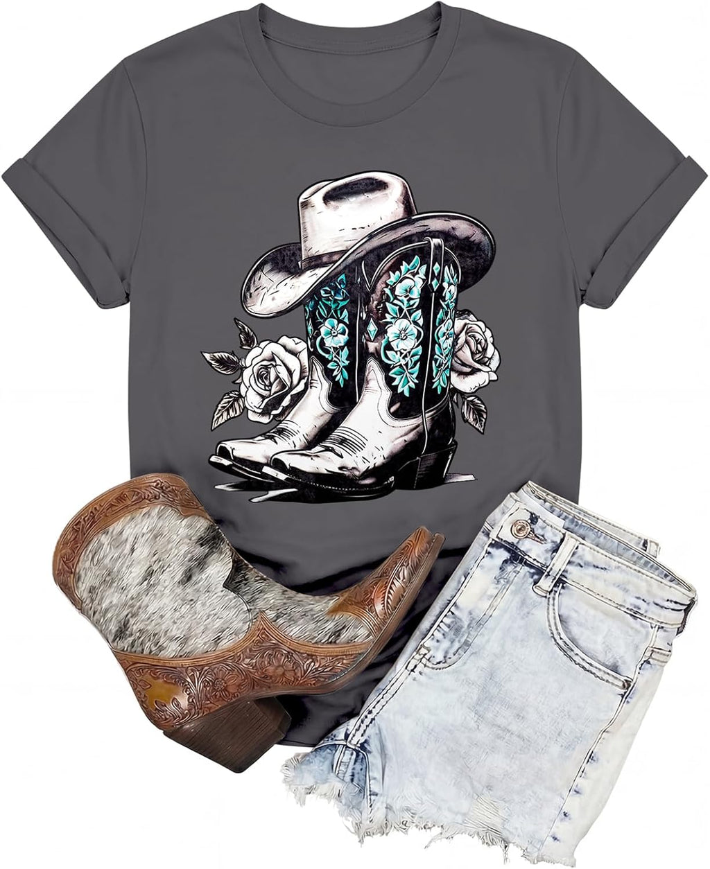 Western Shirts for Women Vintage Cowgirl T Shirt Cow Skull Rodeo Cowboy Boots Graphic Tees Country Music Short Sleeve Tops