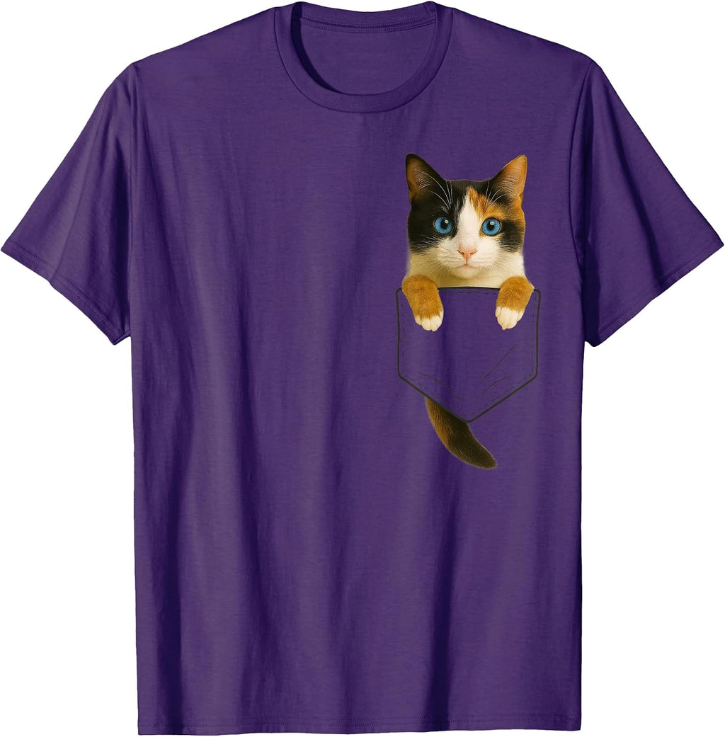 Cute Calico Cat Pocket Funny Gifts Cat Mom Cat Dad Cat Lover T-Shirt