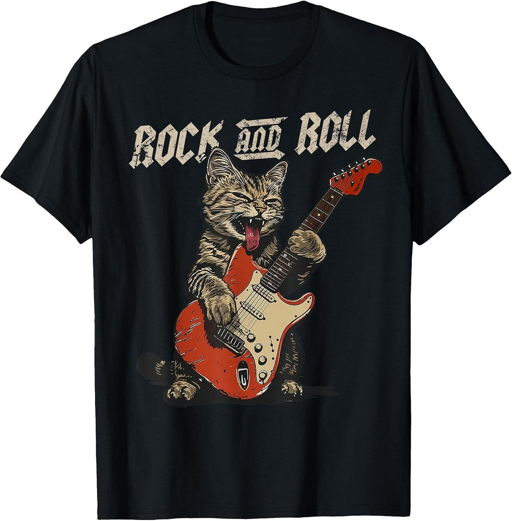 Rock N Roll Guitar Cat Retro Guitarist Cat Vintage Music T-Shirt