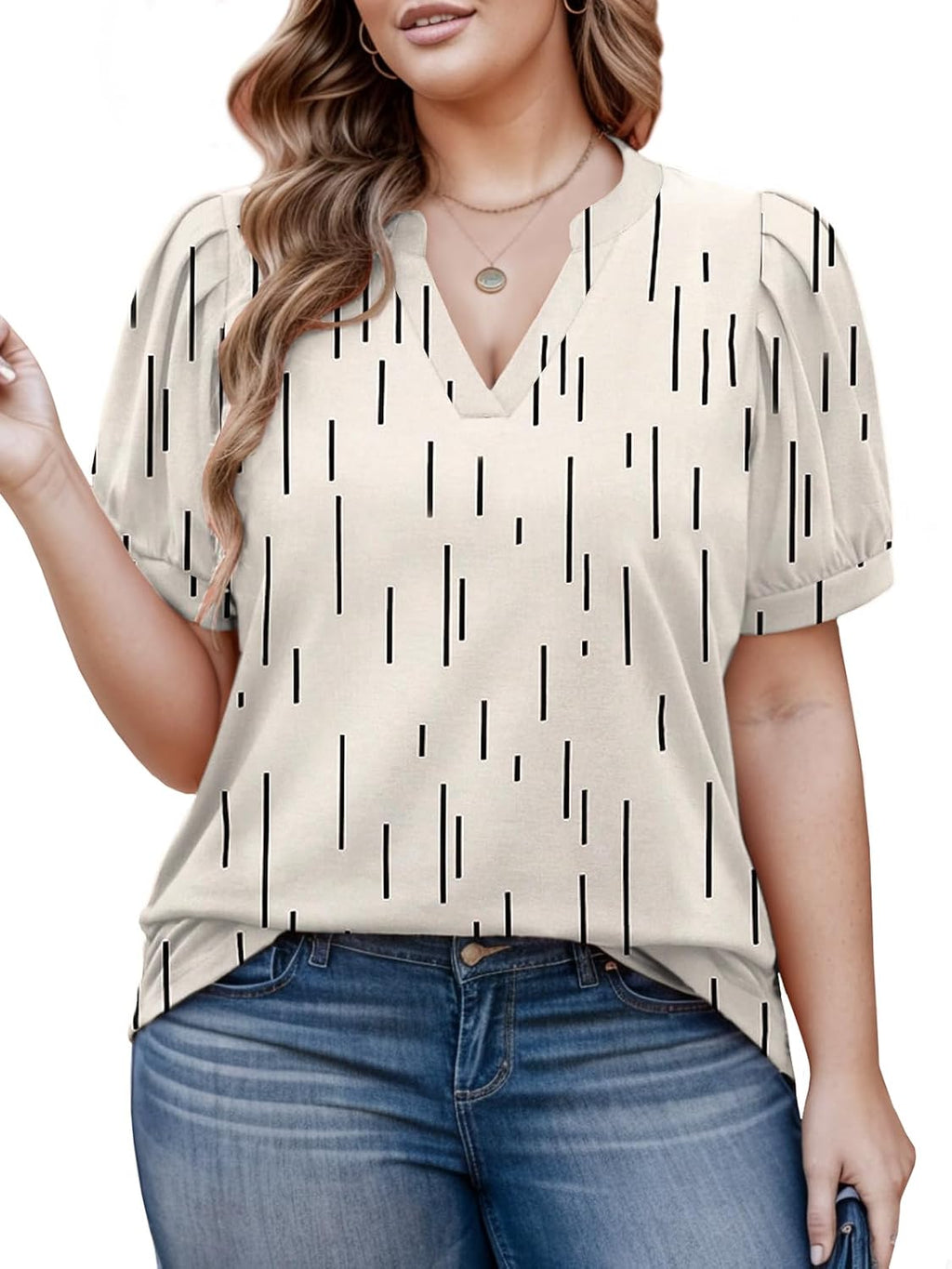 Womens Plus Size Tops Summer Puff Sleeve Shirts Casual Pleated Notched V Neck Tunics Tee XL-5XL