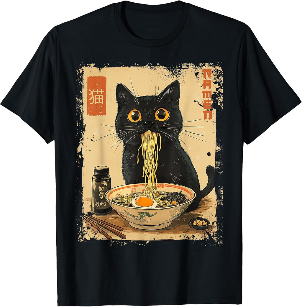 Cat Ramen Anime Kawaii Cat Eating Ramen Noodles T-Shirt, Unisex-Adults, Anime Fans, Girls, Young Females, Black, Small, Short Sleeve, T-Shirt
