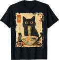 Cat Ramen Anime Kawaii Cat Eating Ramen Noodles T-Shirt, Unisex-Adults, Anime Fans, Girls, Young Females, Black, Small, Short Sleeve, T-Shirt