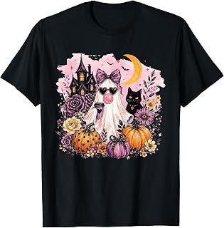 Boho Floral Cute Cat Ghost Blowing Bubble Gum Halloween T-Shirt