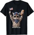 Retro Funny America Cat Hot Dog Lovers Patriotic US Flag T-Shirt