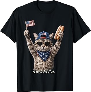 Retro Funny America Cat Hot Dog Lovers Patriotic US Flag T-Shirt