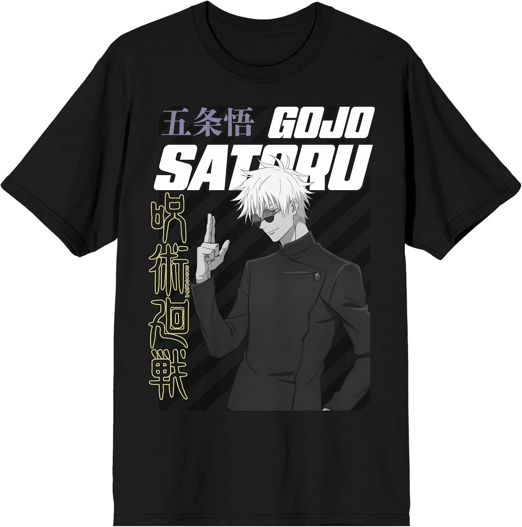 Jujutsu Kaisen Gojo Satoru Action Pose & Kanji Adult Black Crew Neck Short Sleeve T-Shirt